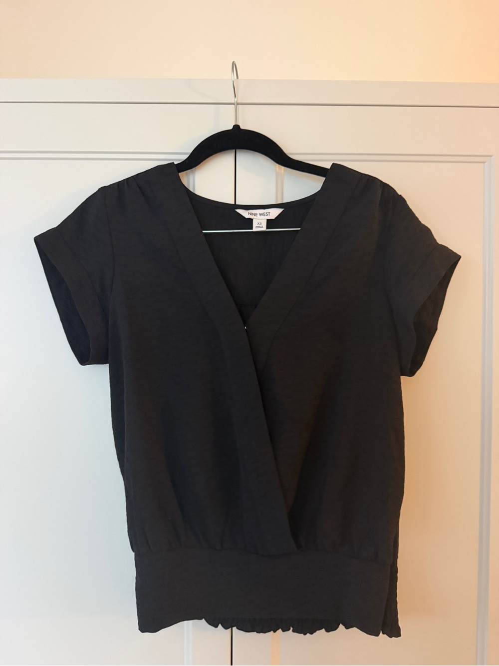 Nine West Black Short Sleeve Wrap-Front Top